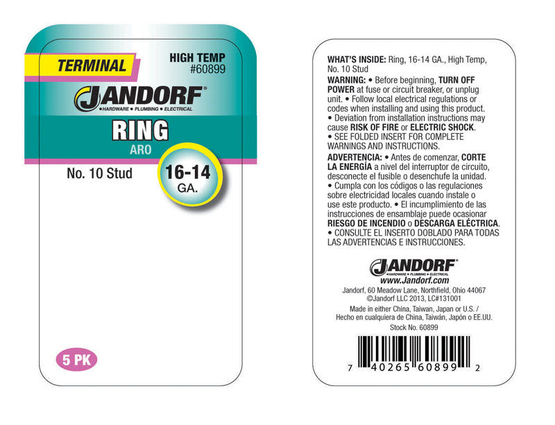 Jandorf 16-14 Ga. Insulated Wire Terminal Ring Silver 5 pk