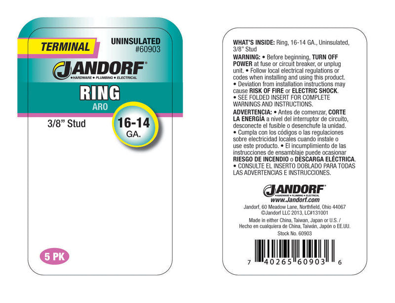 Jandorf 16-14 Ga. Uninsulated Wire Terminal Ring Silver 5 pk