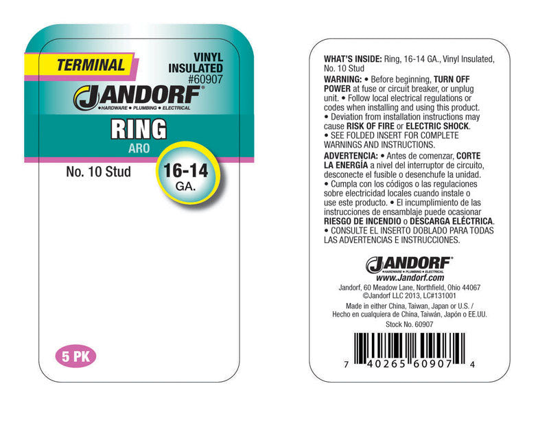 Jandorf 16-14 Ga. Insulated Wire Terminal Ring Blue 5 pk