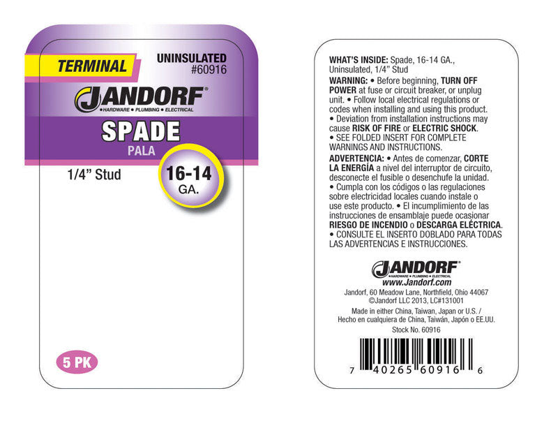Jandorf 16-14 Ga. Uninsulated Wire Terminal Spade Silver 5 pk