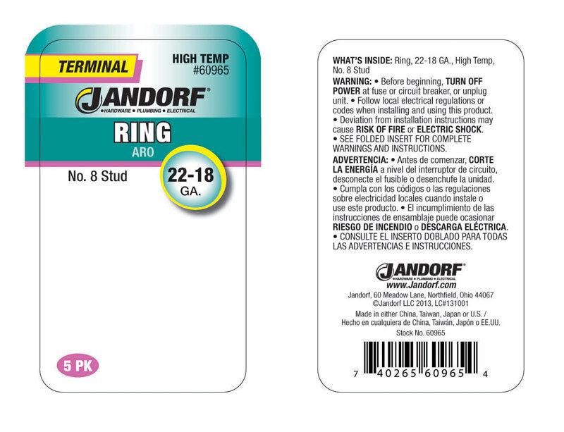 Jandorf 22-18 Ga. Insulated Wire Terminal Ring Silver 5 pk