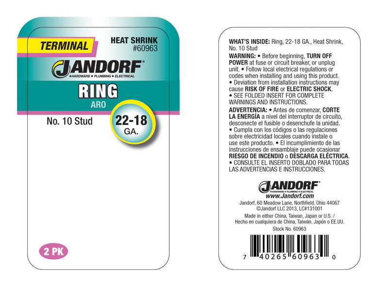Jandorf 22-18 Ga. Insulated Wire Terminal Ring Red 2 pk