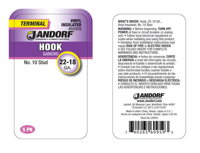 Jandorf 22-18 Ga. Insulated Wire Terminal Hook Red 5 pk