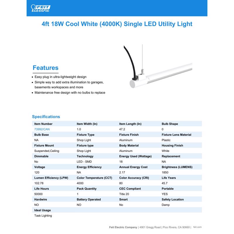 Feit SHOP 48 in. 1-Light each 19 W LED Utility Light