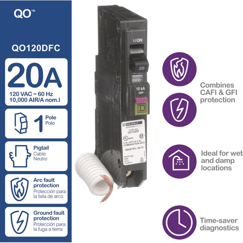 Square D QO 20 amps Arc Fault/Ground Fault Single Pole Circuit Breaker