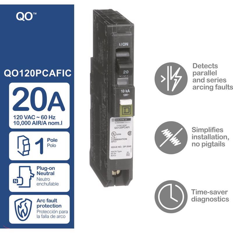 Square D QO 20 amps Arc Fault Single Pole Circuit Breaker