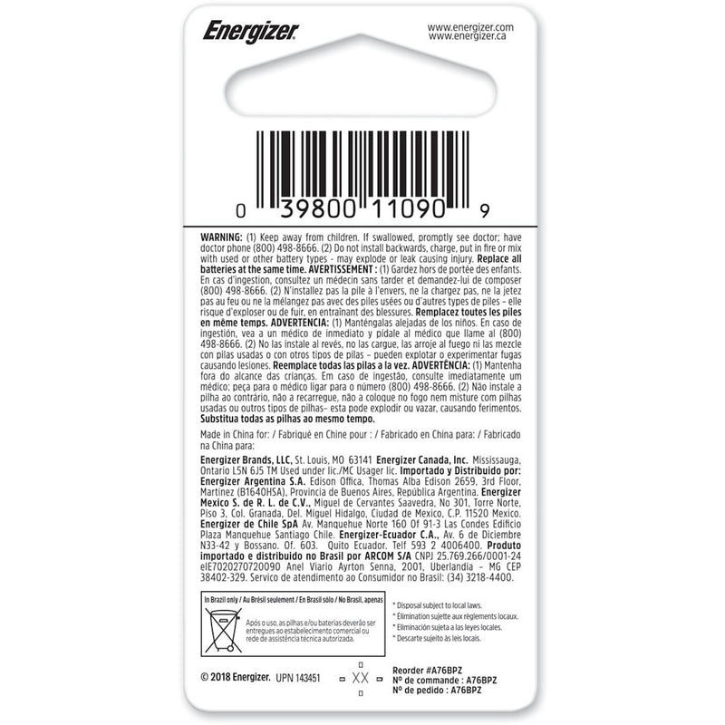 Energizer Alkaline A76 1.5 V 150 mAh Button Cell Battery 1 pk