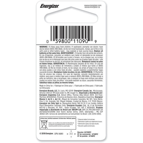 Energizer Alkaline A76 1.5 V 150 mAh Button Cell Battery 1 pk