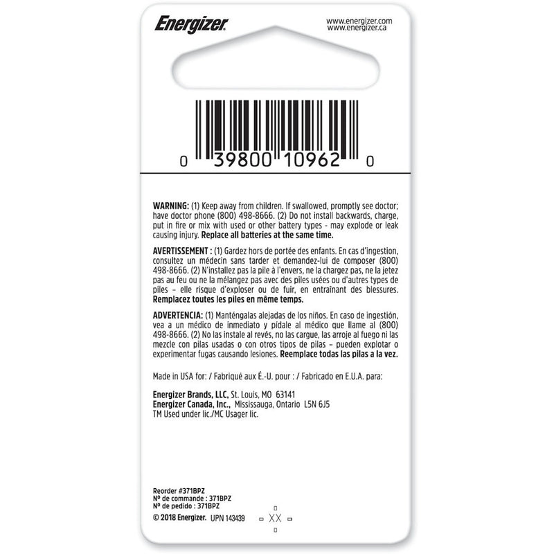 Energizer Silver Oxide 370/371 1.55 V 0.03 mAh Electronic/Watch Battery 1 pk