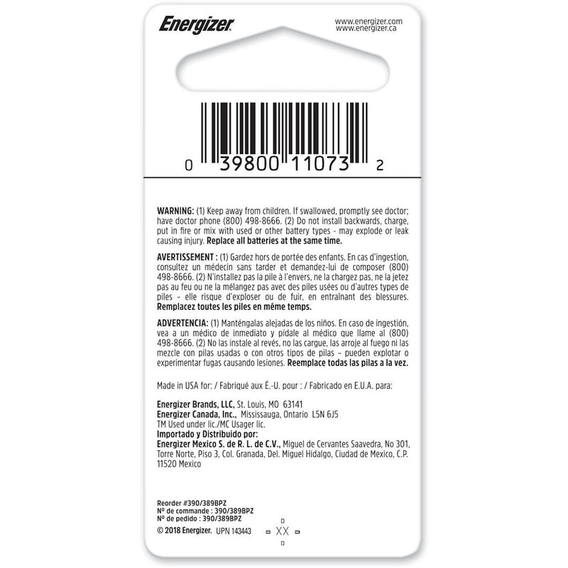 Energizer Silver Oxide 389/390 1.55 V 0.08 mAh Electronic/Watch Battery 1 pk