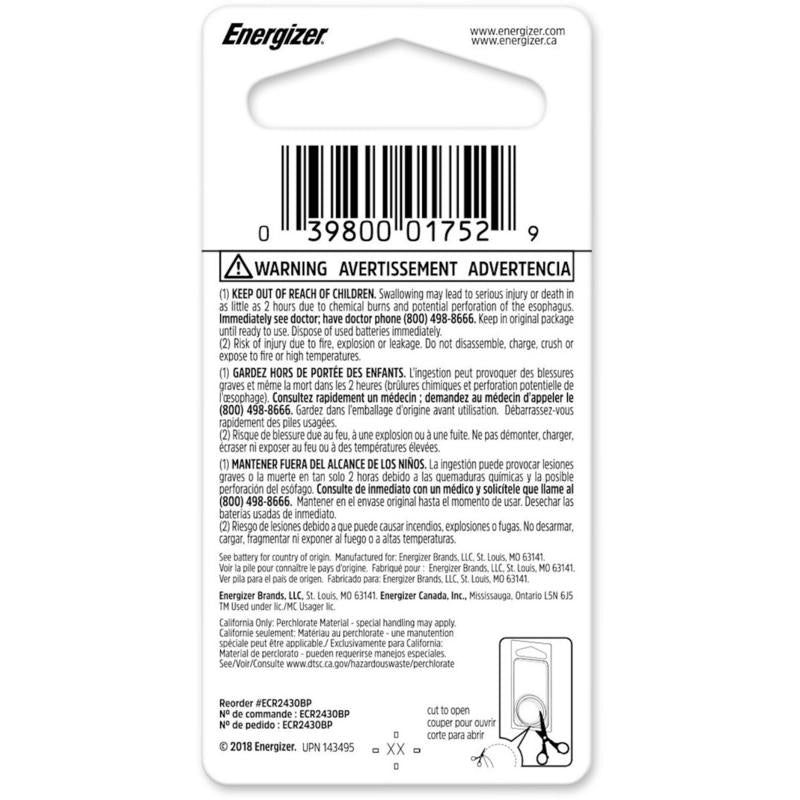 Energizer Lithium Coin 2430 3 V 0.29 mAh Keyless Entry Battery 1 pk