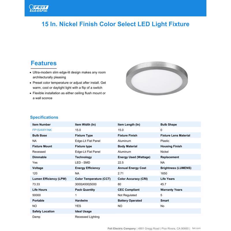 Feit EDGELIT 1.1 in. H X 15 in. W X 15 in. L Nickel Silver LED Flat Panel Light Fixture
