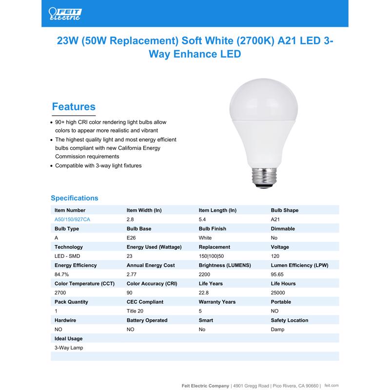 Feit Enhance A21 E26 (Medium) LED Bulb Soft White 50/100/150 Watt Equivalence 1 pk