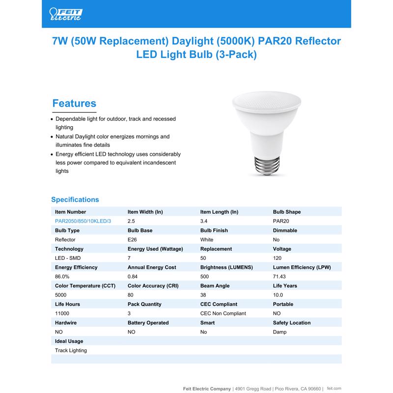 Feit LED Non Dimmable PAR20 E26 (Medium) LED Bulb Daylight 50 Watt Equivalence 3 pk