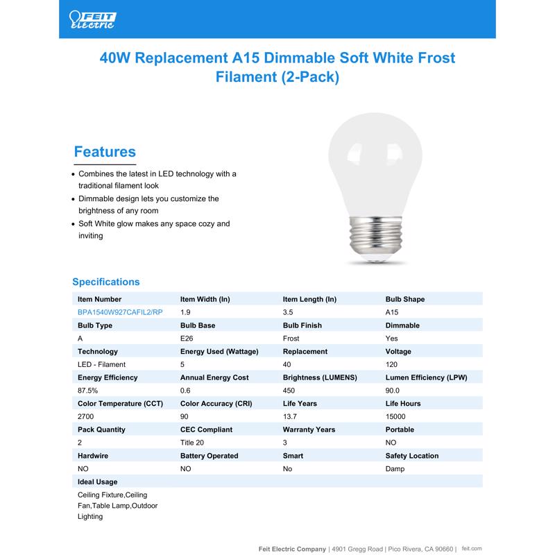 Feit LED Filament A15 E26 (Medium) LED Bulb Soft White 40 Watt Equivalence 2 pk