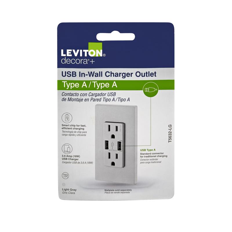 Leviton Decora 15 amps 125 V Gray Outlet and USB Charger 5-15R 1 pk