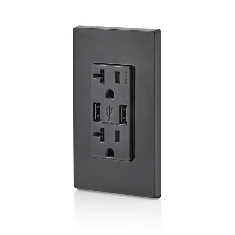 Leviton Decora 20 amps 125 V Black Outlet and USB Charger 5-20R 1 pk