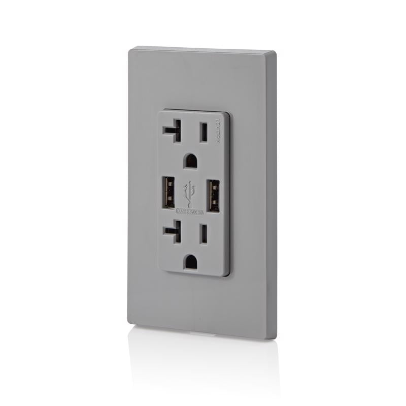 Leviton Decora 20 amps 125 V Gray Outlet and USB Charger 5-20R 1 pk