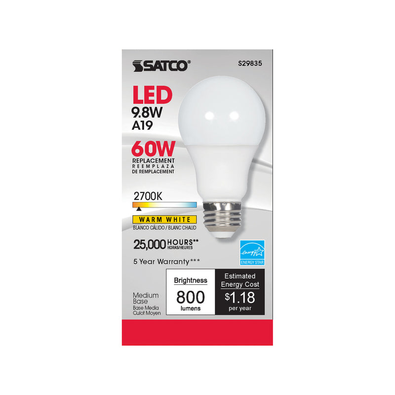 Satco A19 E26 (Medium) LED Bulb Warm White 60 Watt Equivalence 1 pk