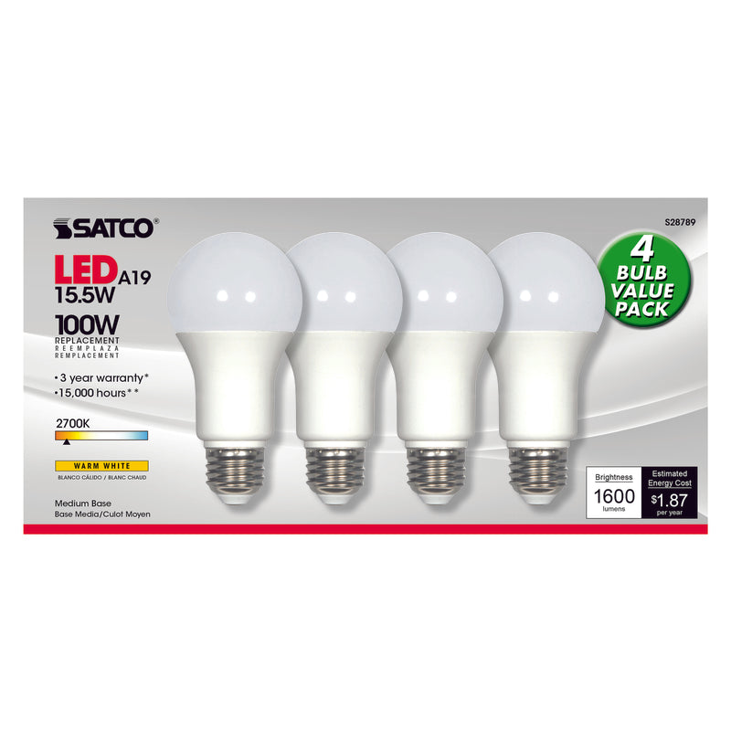 Satco A19 E26 (Medium) LED Bulb Warm White 100 Watt Equivalence 4 pk