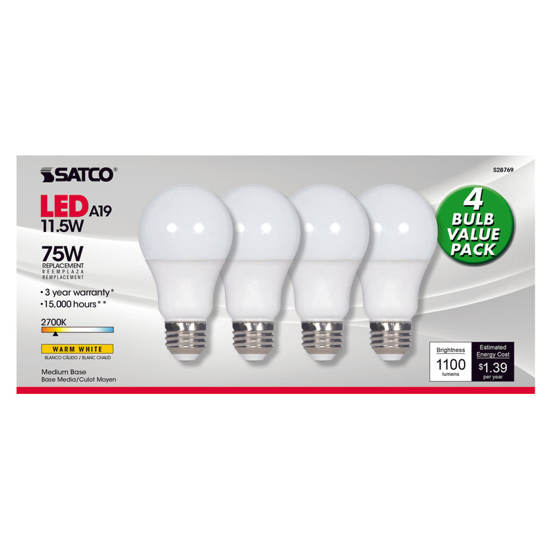 Satco Type-A A19 E26 (Medium) LED Bulb Warm White 75 Watt Equivalence 4 pk