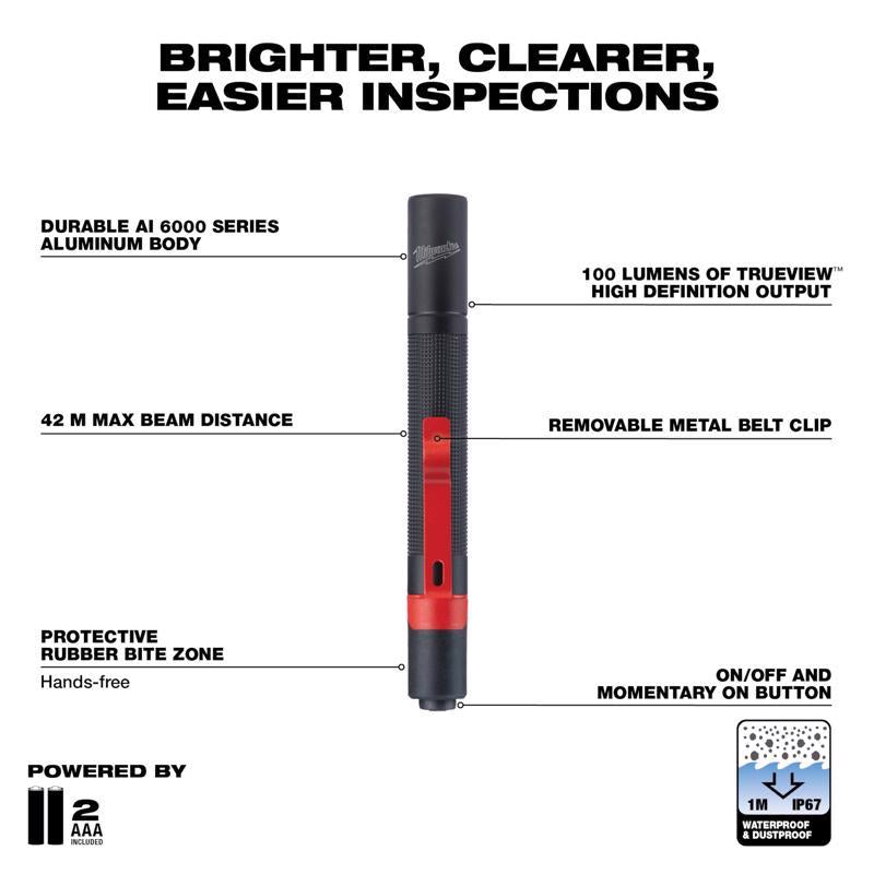 Milwaukee TRUEVIEW 100 lm Black/Red LED Pen Light AAA Battery