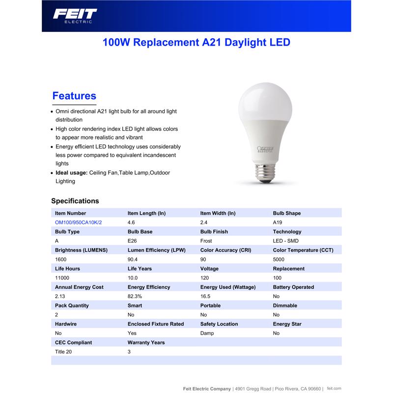 Feit Enhance A21 E26 (Medium) LED Bulb Daylight 100 Watt Equivalence 2 pk