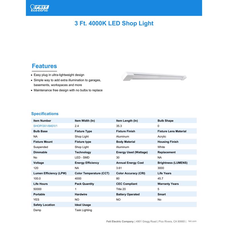 Feit SHOP 36 in. 1-Light each 30 W LED Utility Light