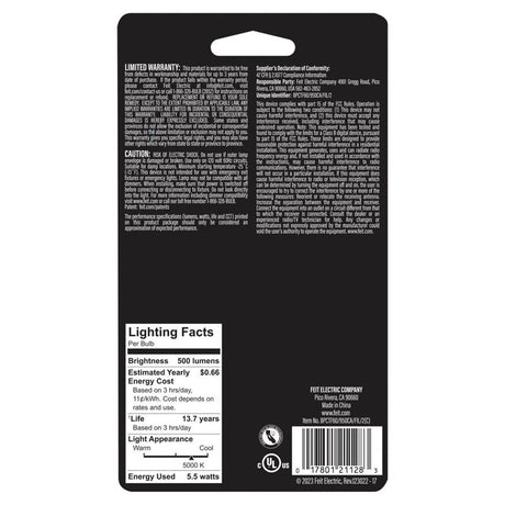 Feit Enhance Blunt Tip E12 (Candelabra) Filament LED Bulb Daylight 60 Watt Equivalence 2 pk