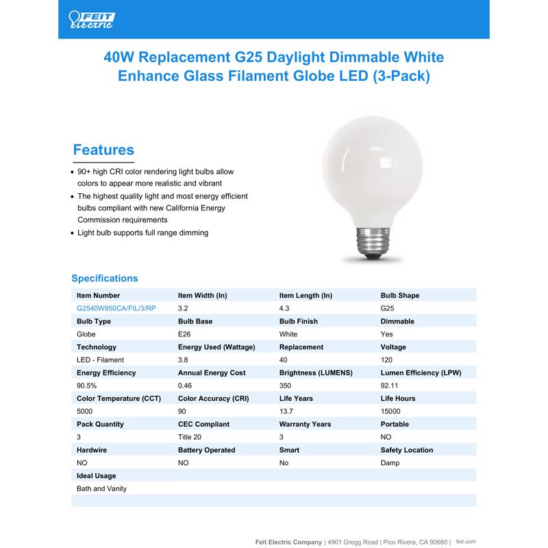 Feit Enhance G25 E26 (Medium) Filament LED Bulb Daylight 40 Watt Equivalence 3 pk