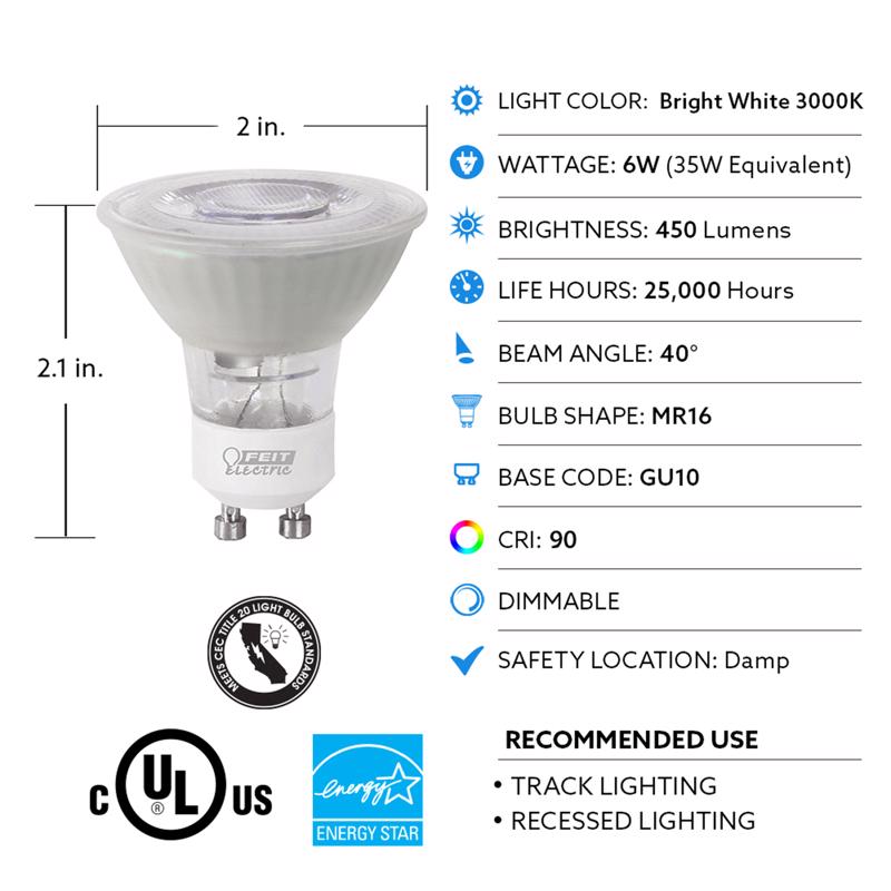 Feit Enhance MR16 GU10 LED Bulb Bright White 50 Watt Equivalence 3 pk