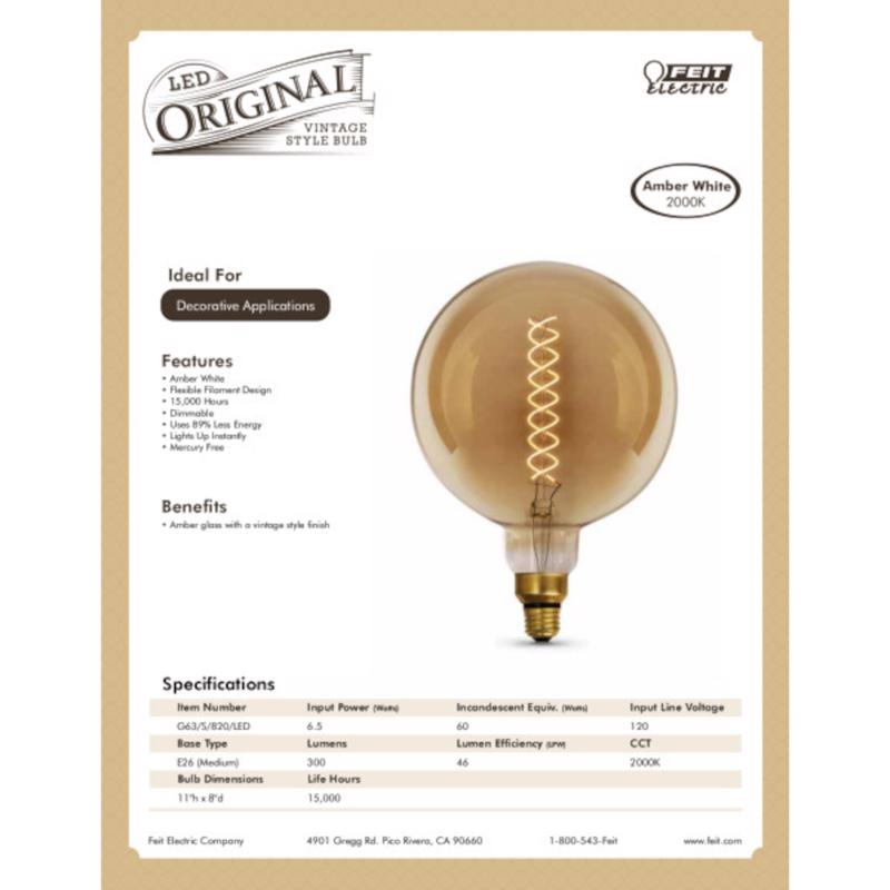 Feit LED Filament G63 E26 (Medium) LED Bulb Amber White 60 Watt Equivalence 1 pk