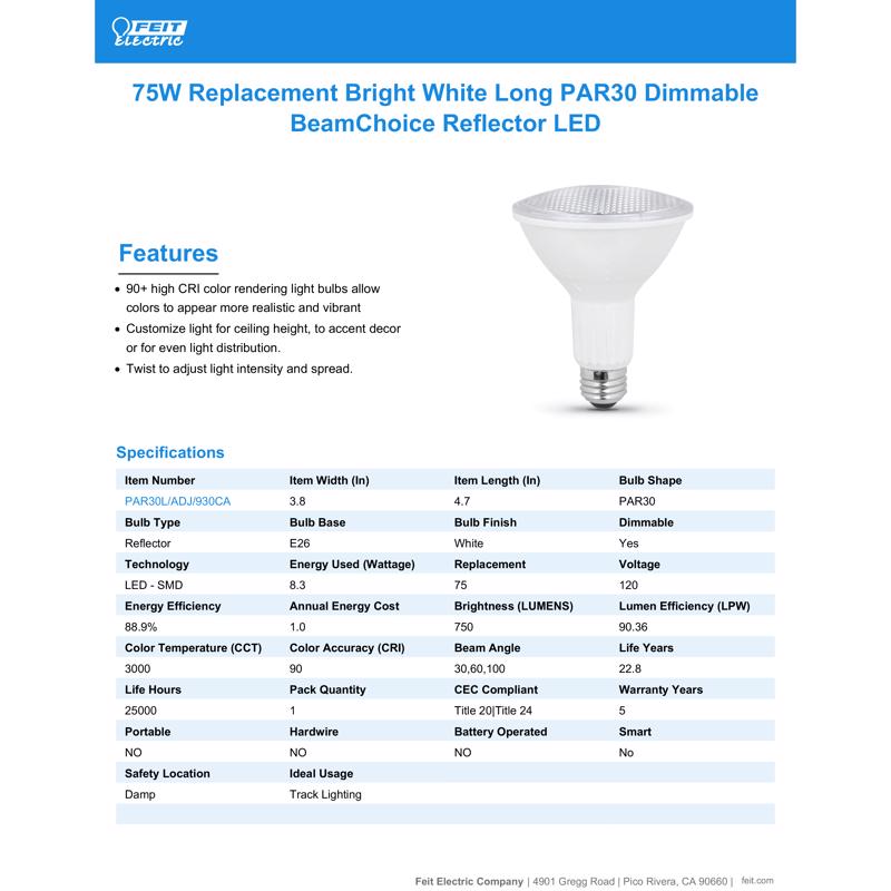 Feit PAR30 E26 (Medium) LED Bulb Bright White 75 Watt Equivalence 1 pk