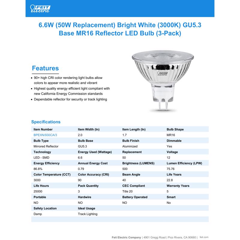 Feit Enhance MR16 GU5.3 LED Bulb Bright White 50 Watt Equivalence 3 pk