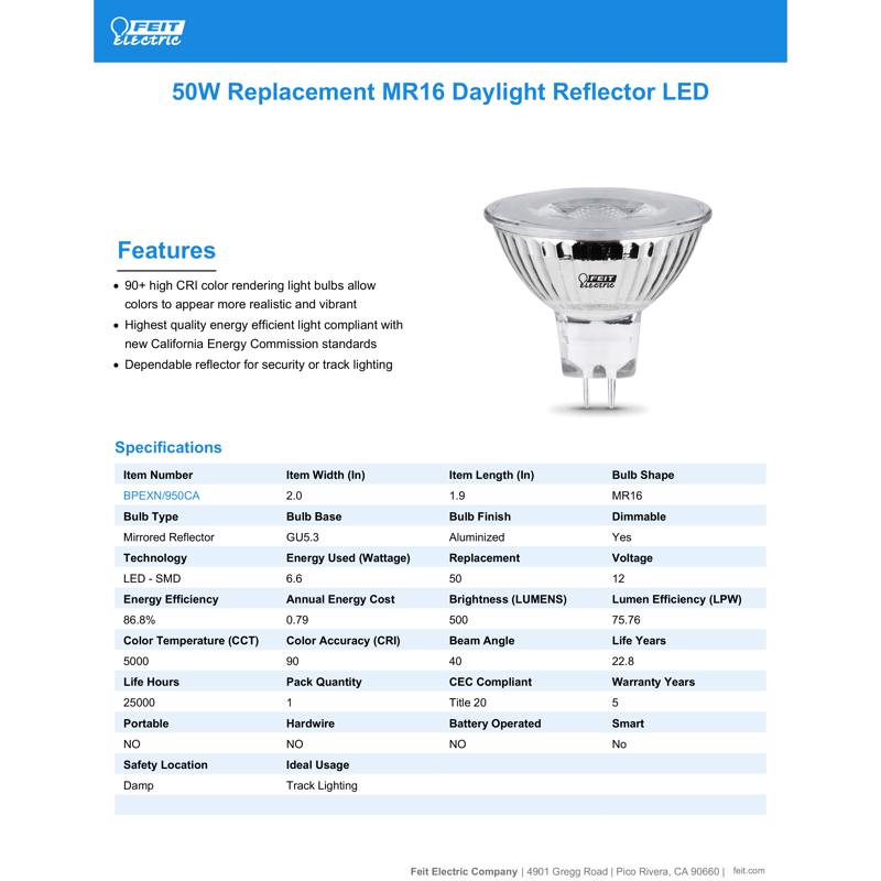 Feit Enhance MR16 GU5.3 LED Bulb Daylight 50 Watt Equivalence 1 pk