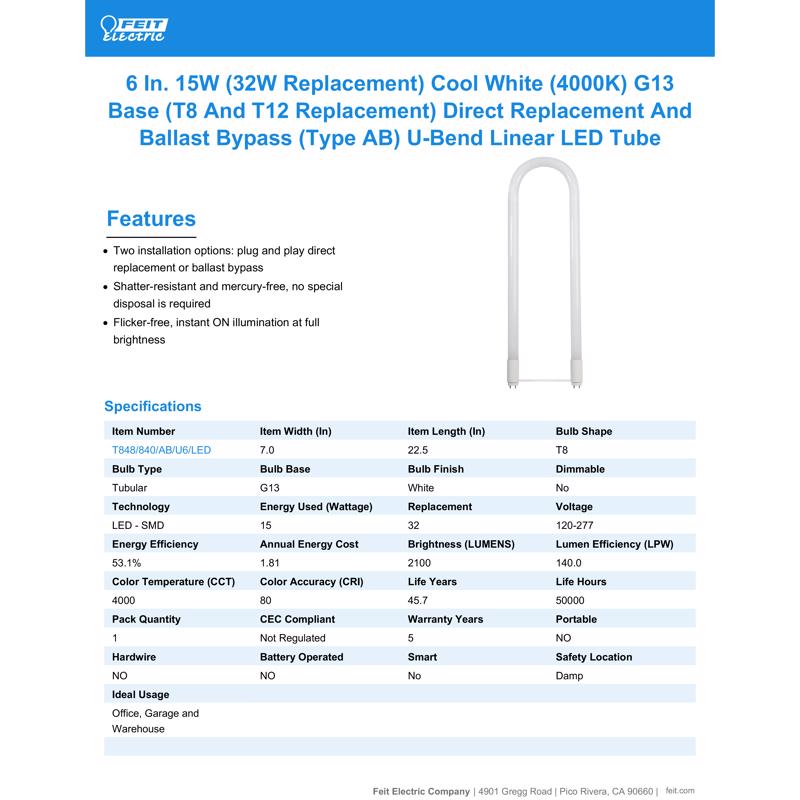 Feit Plug & Play T8 and T12 Cool White 22.5 in. G13 U-Bend LED Linear Lamp 32 Watt Equivalence 1 pk