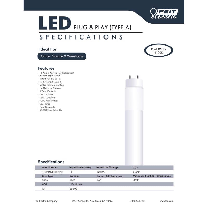 Feit Plug & Play T8 Cool White 47.4 in. G13 Linear LED Lamp 32 Watt Equivalence 10 pk