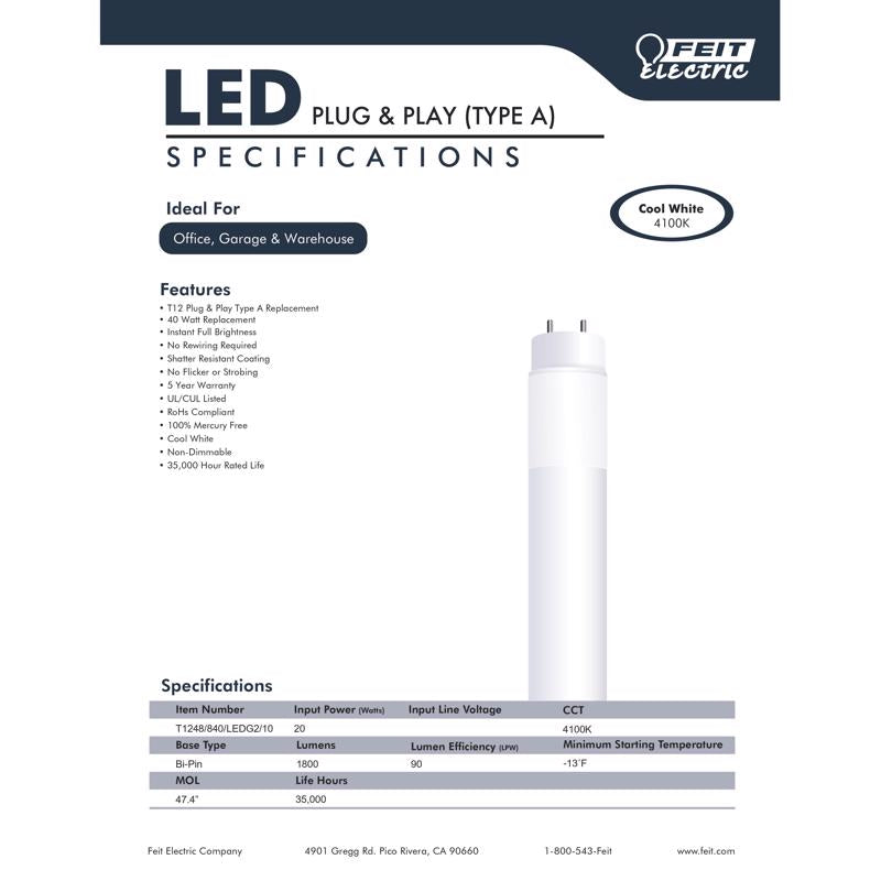 Feit Plug & Play T12 Cool White 47.4 in. G13 Linear LED Bulb 40 Watt Equivalence 10 pk