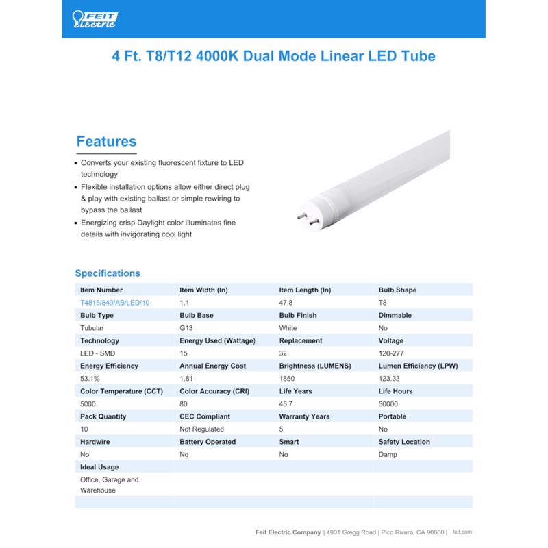 Feit Plug & Play Linear Cool White 47.8 in. G13 T8 LED Bulb 32 Watt Equivalence 10 pk