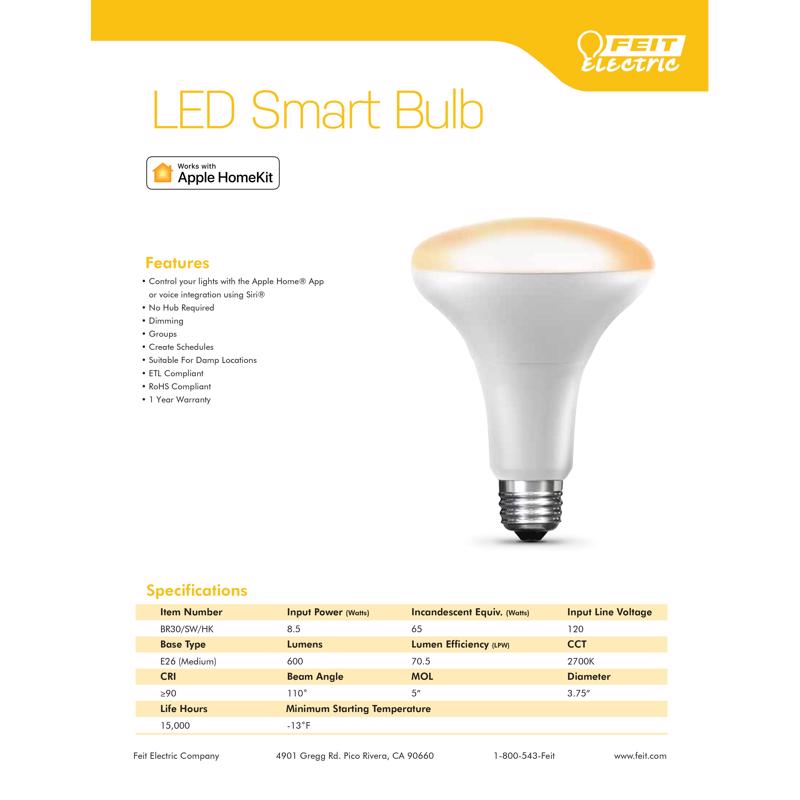 Feit Smart Home BR30 E26 (Medium) LED Bulb White 65 Watt Equivalence 1 pk