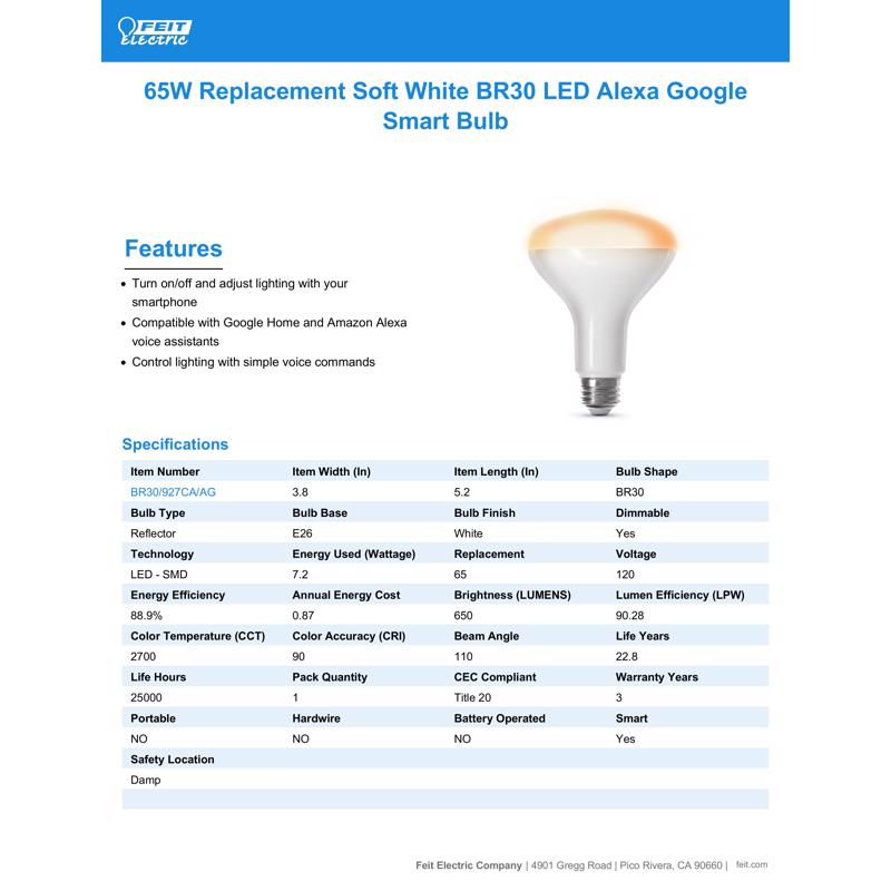 Feit Smart Home BR30 E26 (Medium) Smart-Enabled LED Bulb Soft White 65 Watt Equivalence 1 pk