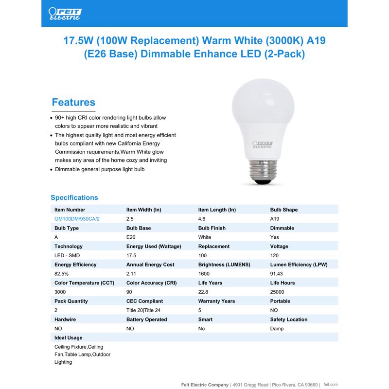 Feit Enhance A19 E26 (Medium) LED Bulb Bright White 100 Watt Equivalence 2 pk