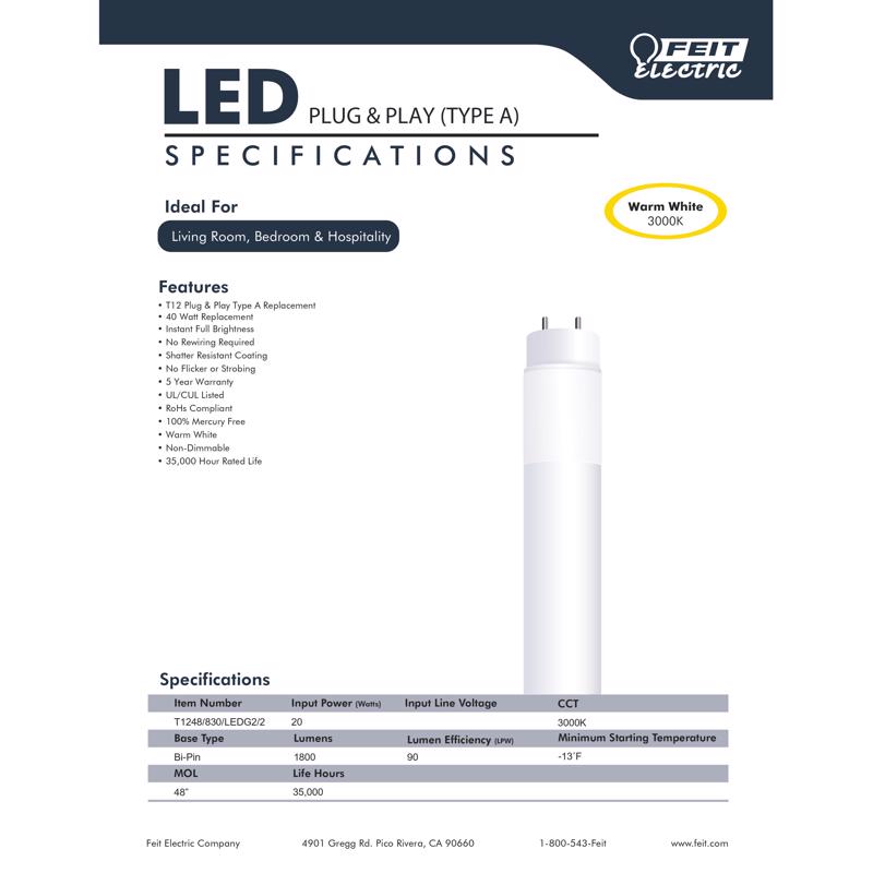 Feit Plug & Play T12 Warm White 48 in. G13 Linear LED Bulb 40 Watt Equivalence 2 pk