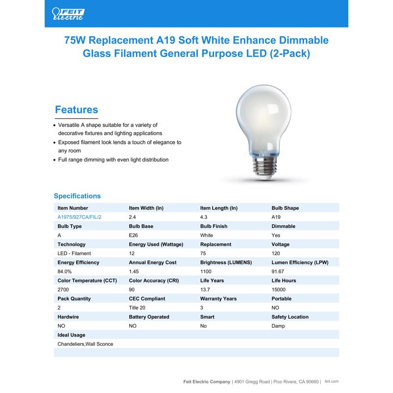 Feit Enhance A19 E26 (Medium) Filament LED Bulb Soft White 75 Watt Equivalence 2 pk