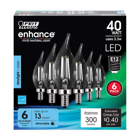 Feit Enhance CA10 (Flame Tip) E12 (Candelabra) Filament LED Bulb Daylight 40 Watt Equivalence 6 pk