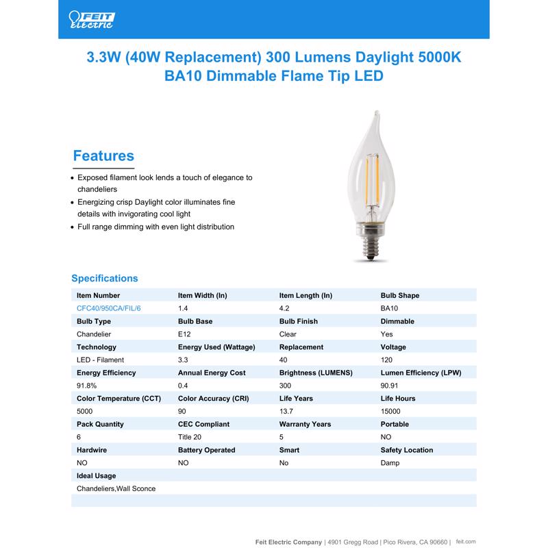 Feit Enhance CA10 (Flame Tip) E12 (Candelabra) Filament LED Bulb Daylight 40 Watt Equivalence 6 pk