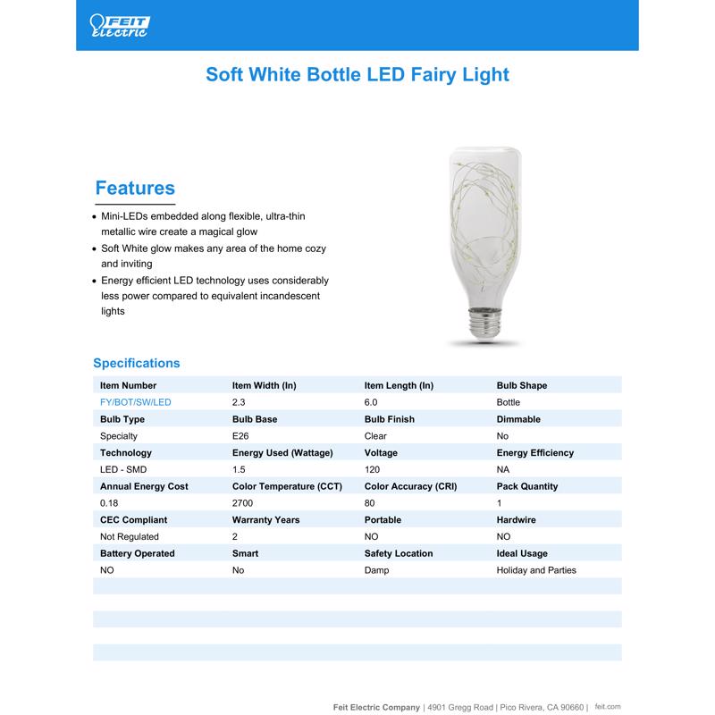 Feit Bottle E26 (Medium) LED Bulb Soft White 1.5 Watt Equivalence 1 pk