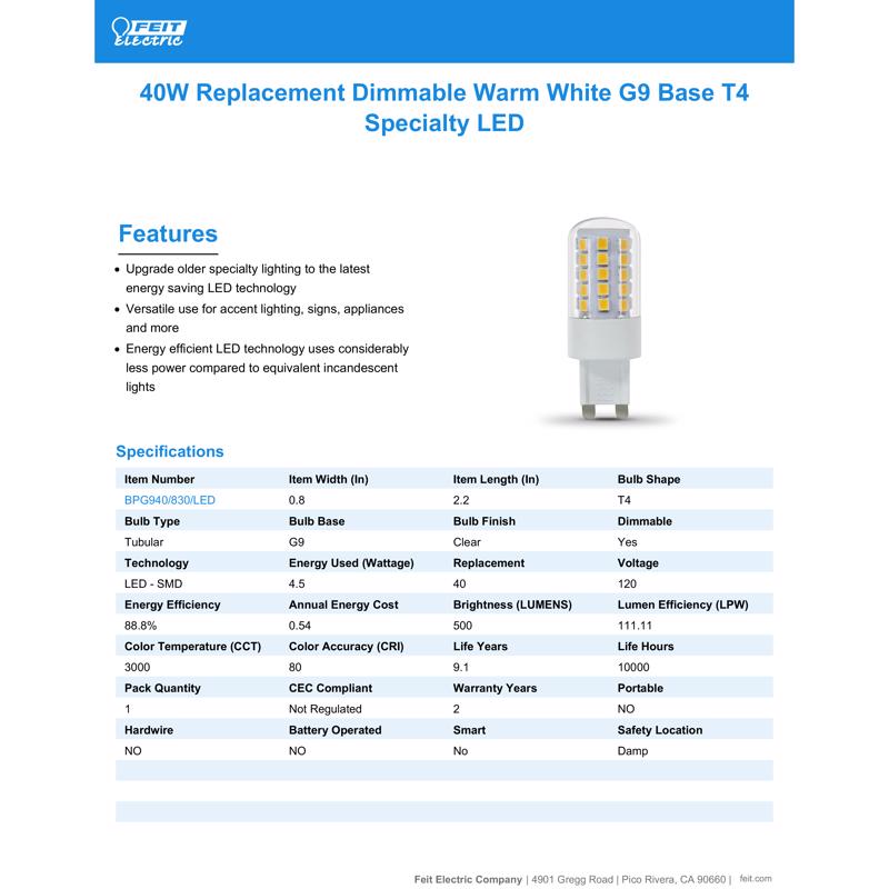 Feit T4 Bi-Pin LED Bulb Warm White 40 Watt Equivalence 1 pk