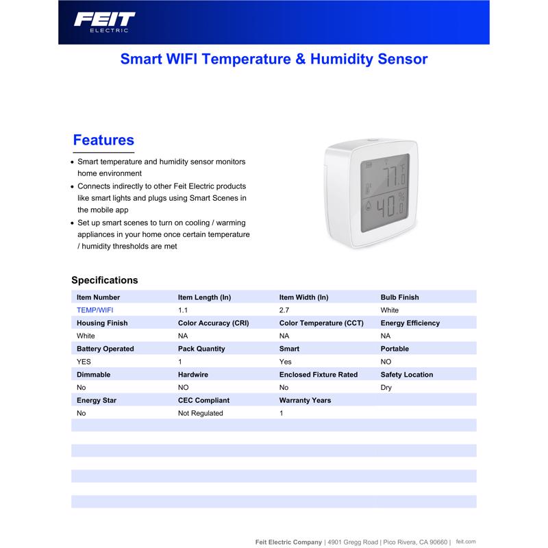 Feit Smart Home Built In WiFi Heating and Cooling Push Buttons Temperature & Humidity Sensor