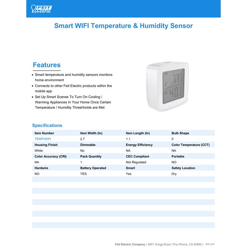 Feit Smart Home Built In WiFi Heating and Cooling Push Buttons Temperature & Humidity Sensor